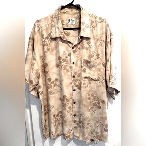 Vintage 100% silk hawaiian shirt button up beige brown palm tree guitar retro XL
